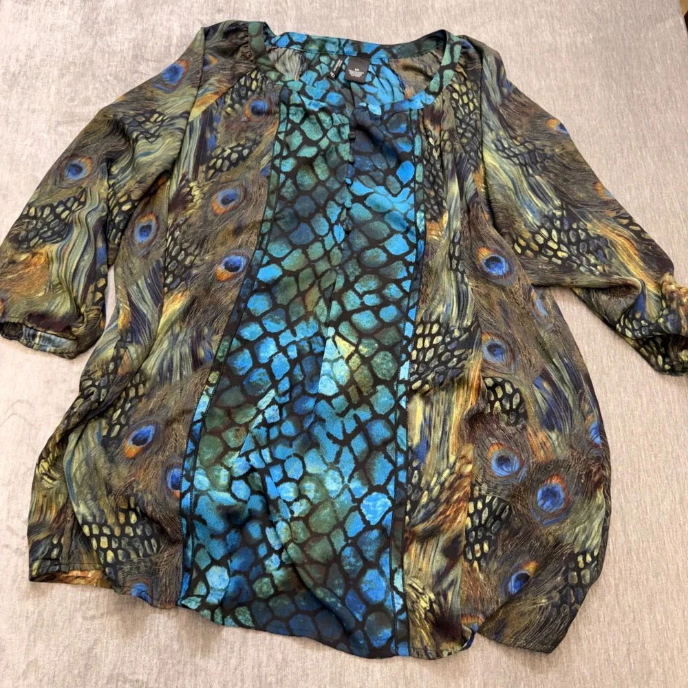 Peacock Print Mixed-Pattern Women's Top - Blue/Green - Picture 1 of 4